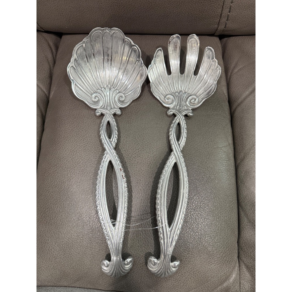 Fitz and Floyd Silver Shell Salad Serving Set 2pc Coastal Nautical Serveware